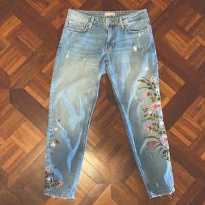 Zara distressed floral embroidered jeans